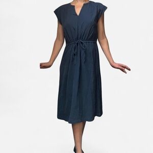Pact Women's Organic Cotton Coastal Double Gauze Tie Waist Midi Dress blue